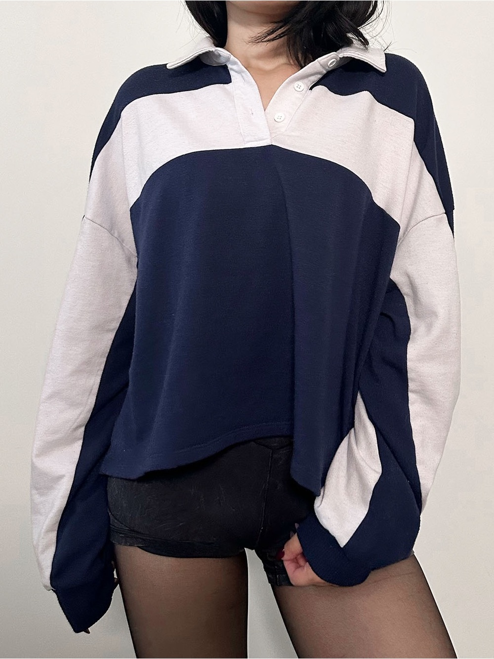 Hippie Rose Oversized Striped Rugby Polo Top - Navy & White XL
